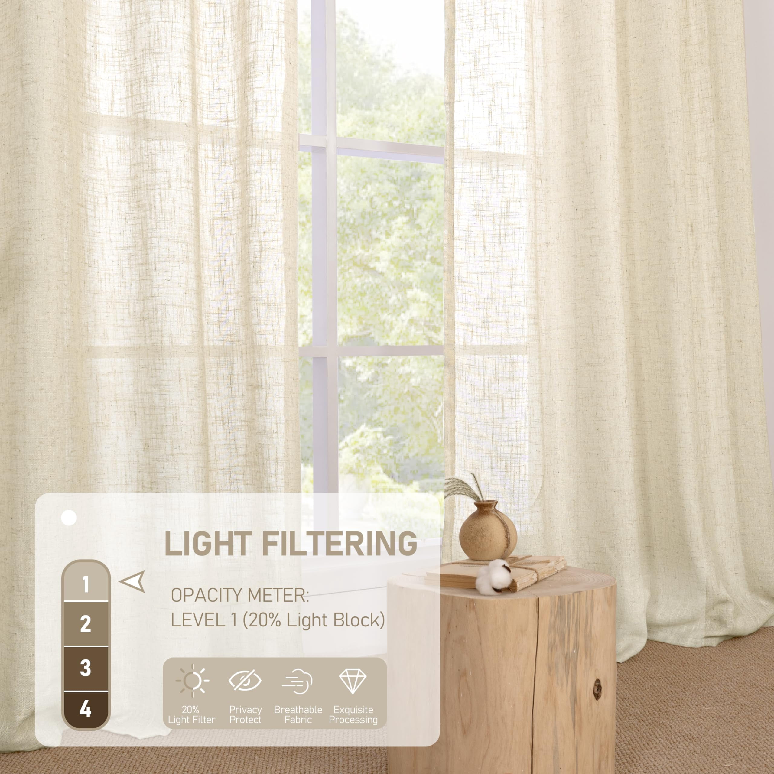 Sheer Linen Curtains 84 Inches Long Light Filtering Boho Window Treatments Semi Sheer Neutral Drapes with Bronze Grommet for Living Room and Bedroom 2 Panels Set