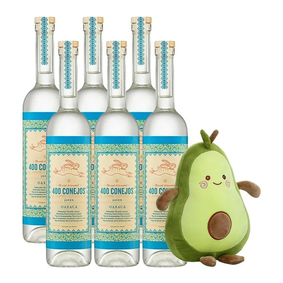 Pack de 6 Mezcal 400 Conejos Joven 750 ml Peluche Aguacate 27 cm
