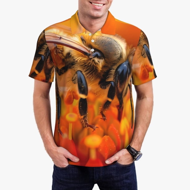 Fotbe Honeybee On Vibrant Flower Camiseta Polo de Golf para Hombre con Estampado – Camisa Deportiva Transpirable con Cuello Abotonado-Large