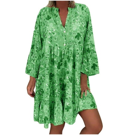 

Hfyihgf Women s Summer Boho Tunic Dress Floral Printed Bell 3/4 Sleeve Casual Loose Button V Neck Ruffle Swing Mini Dresses Plus Size(Green 5XL)