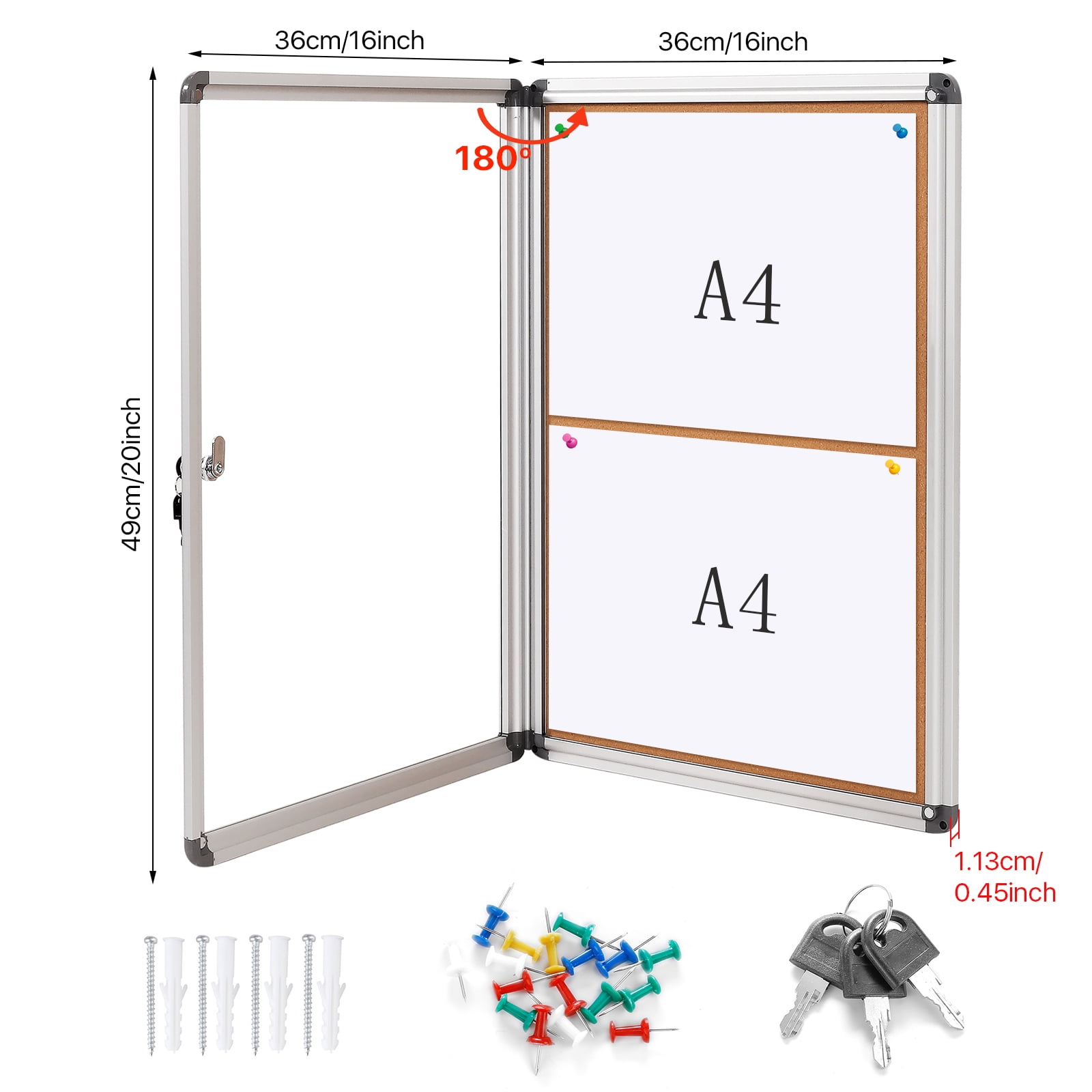 SWANCROWN Enclosed Cork Bulletin Board with Lock 20"x16",Silver Aluminum Frame