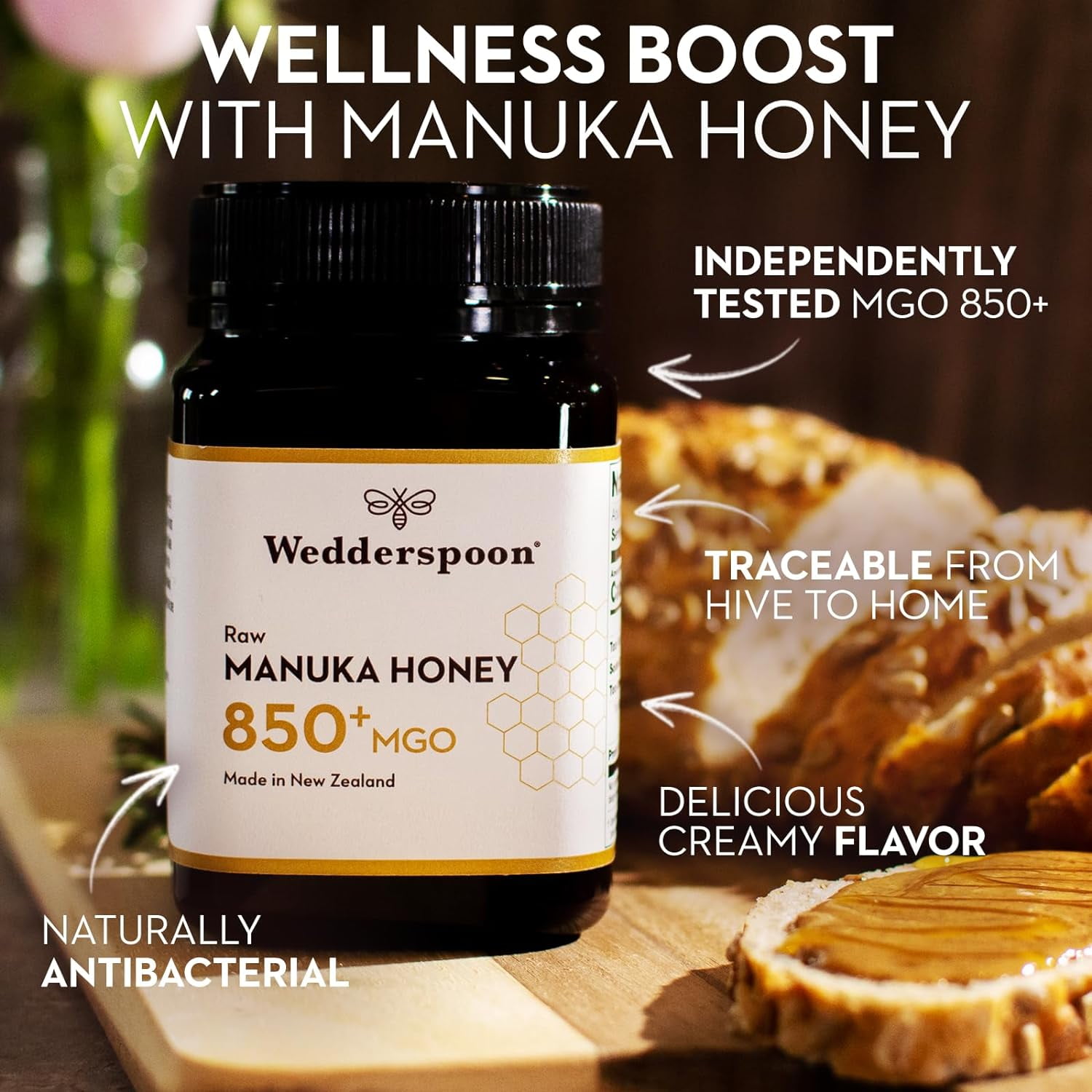 Wedderspoon Raw Unpasteurized New Zealand Manuka Honey 850+ MGO, 17.6 oz