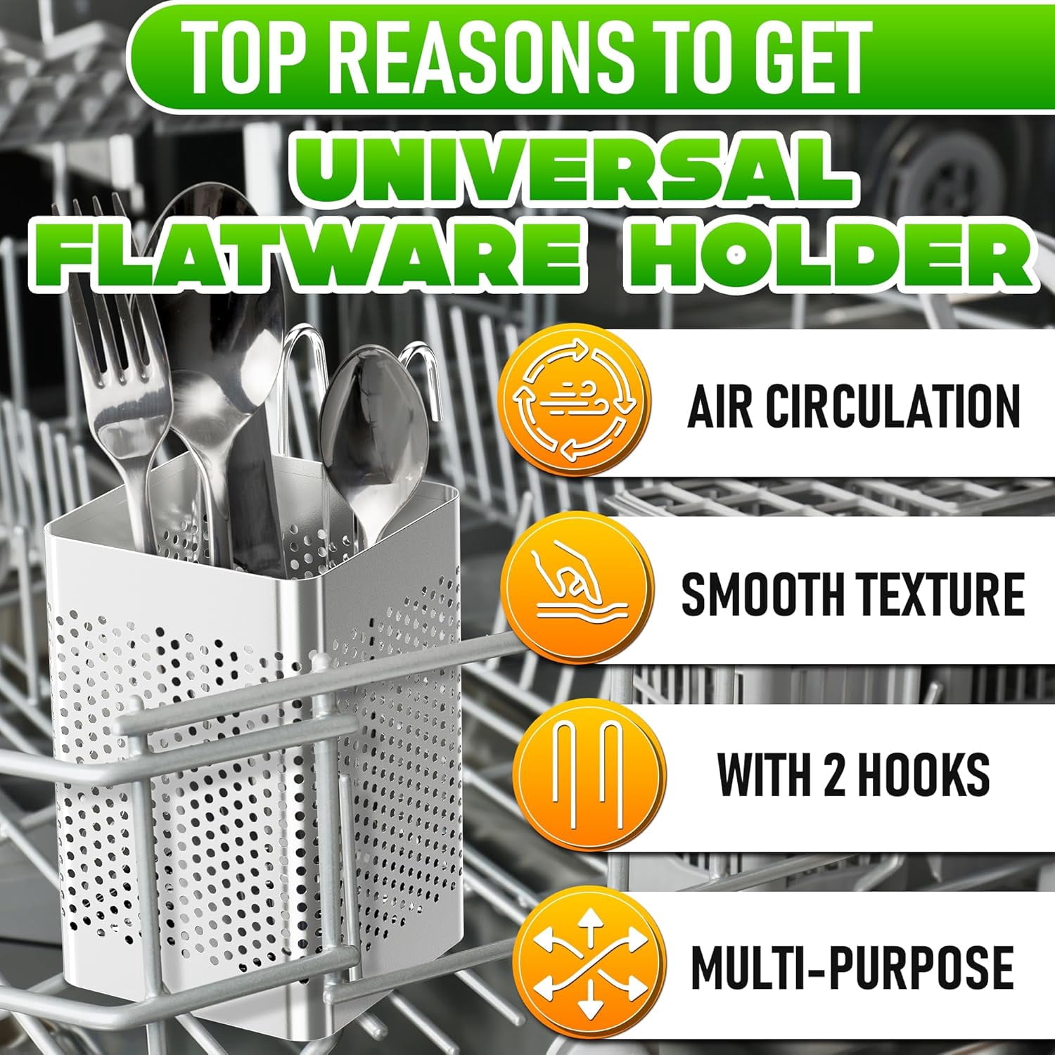 Dishwasher Chopstick Basket – 2.75" x 2.75" x 3.93" Stainless Steel Utensil Holder | Rust-Resistant Perforated Caddy with Hooks for Organizing Chopsticks, Straws, Teaspoons, and Small Kitchen Tools