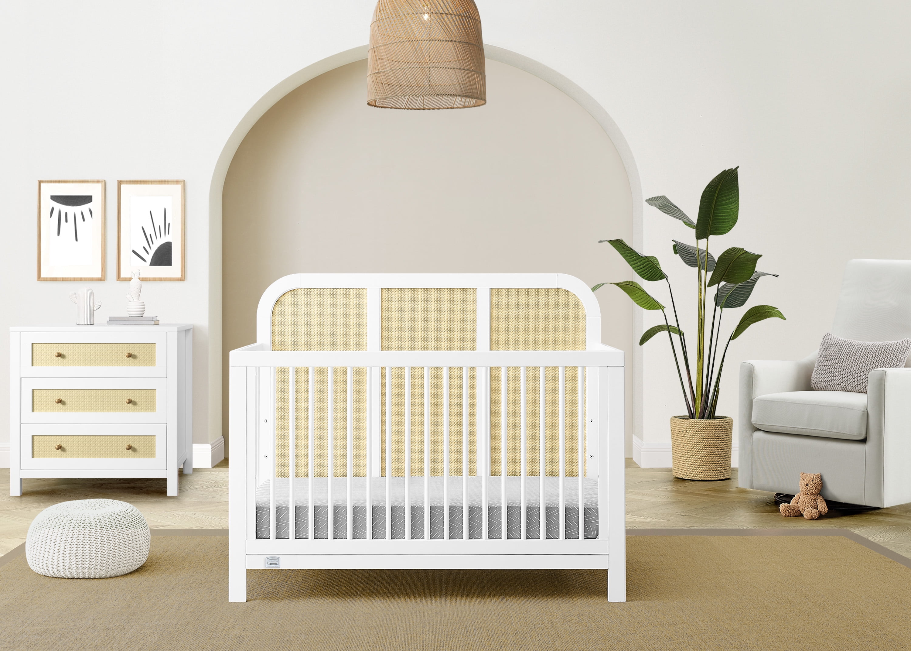 Simmons Kids Theo 6-in-1 Convertible Crib - Greenguard Gold Certified, Bianca White/Textured Almond
