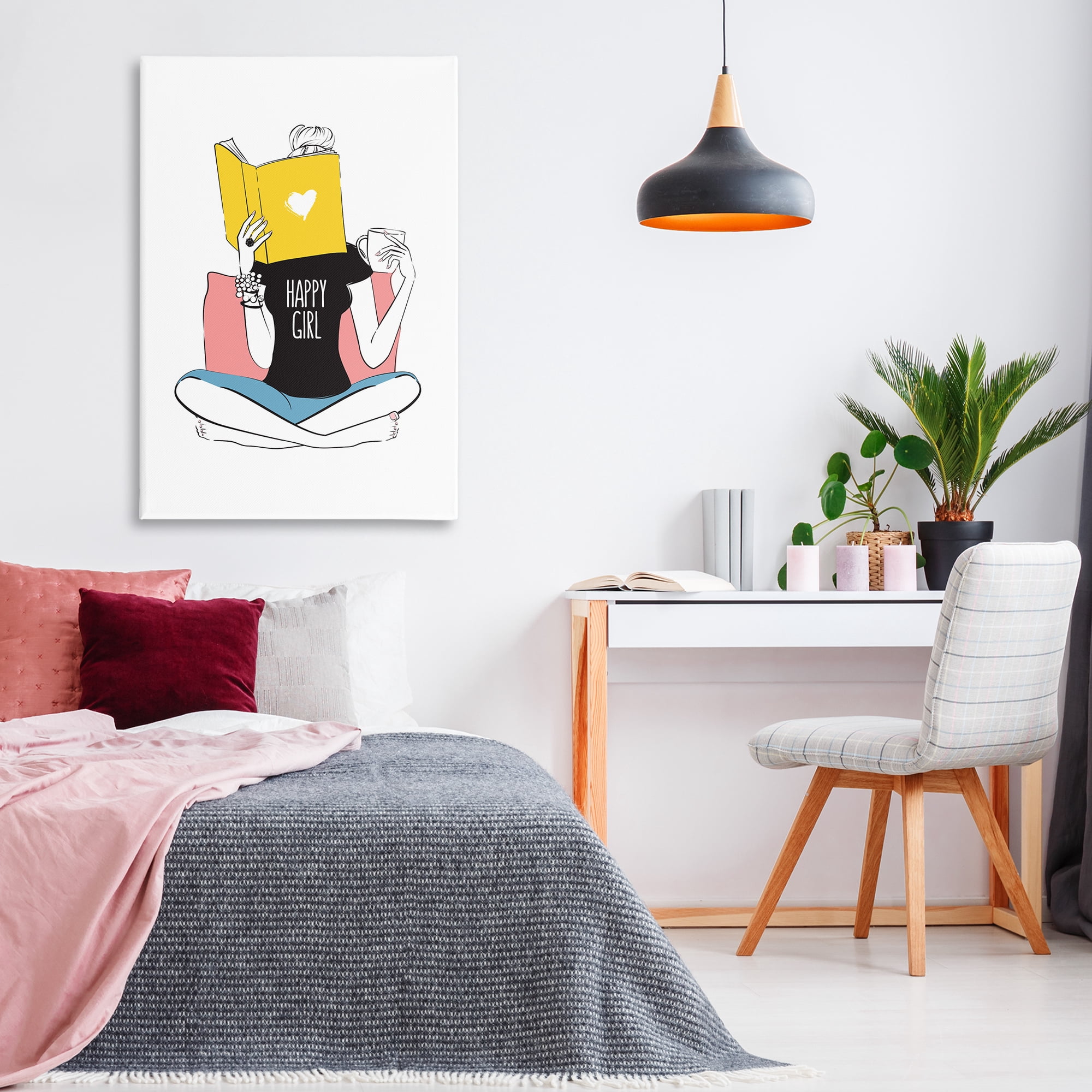 Stupell Industries Happy Reader Girl Novelty Painting Gallery Wrapped Canvas Art Print Wall Art, 30 x 45
