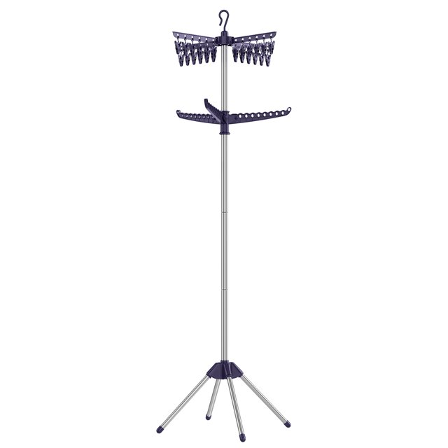 SONGMICS 2-Tier Clothes Drying Rack, 72-Inch Folding Laundry Drying Rack with 3 Rotatable Arms for Hangers, 24 Clips, Stainless Steel, for 27 Pieces of Clothes, Blue and Silver