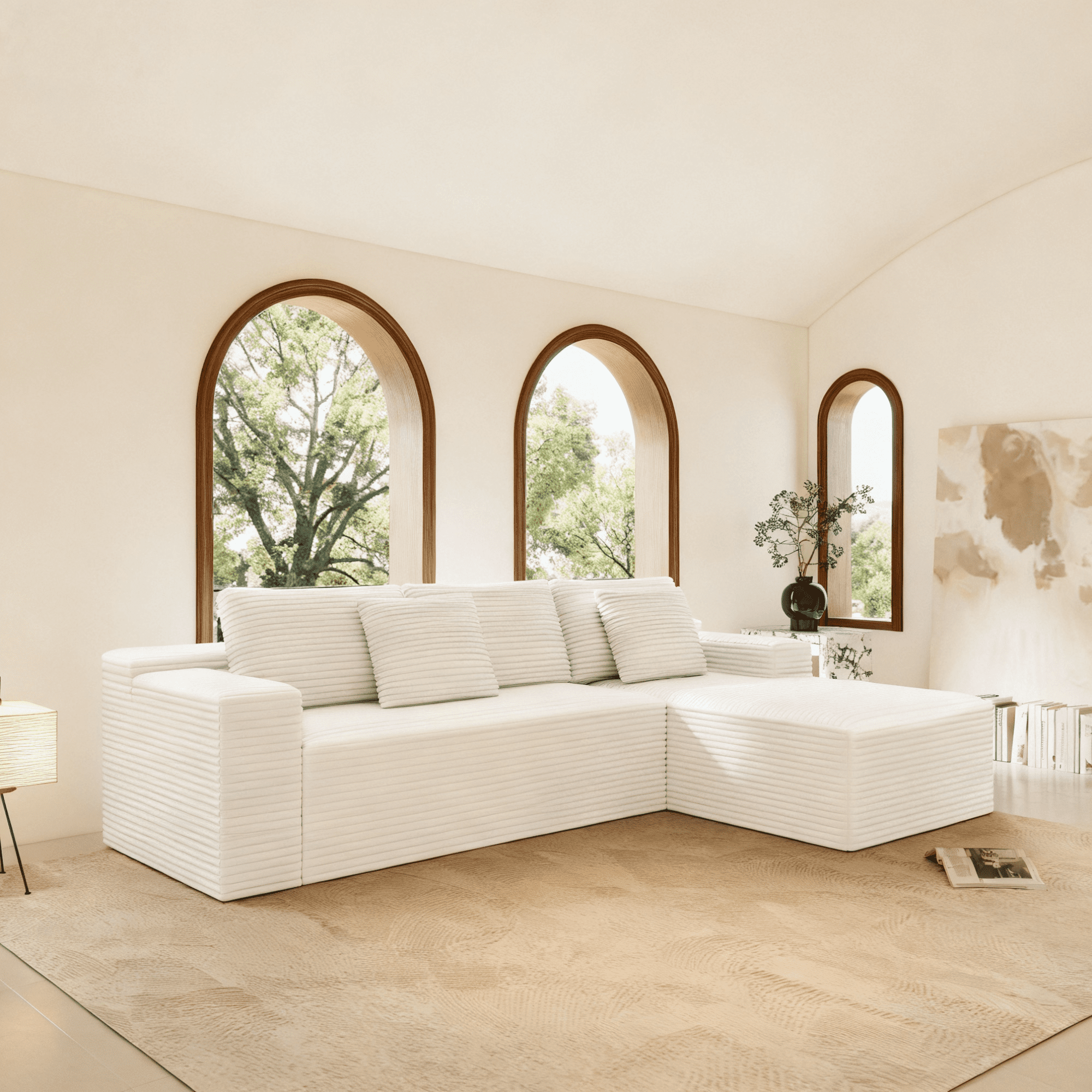 104" Modular Sectional Sofa,Oversized L-Shape Cloud Couch,Modern Corduroy Sleeper Couches Boneless Couches for Living Room,Bedroom,Apartmen,No Assembly Required,White-Right Chaise