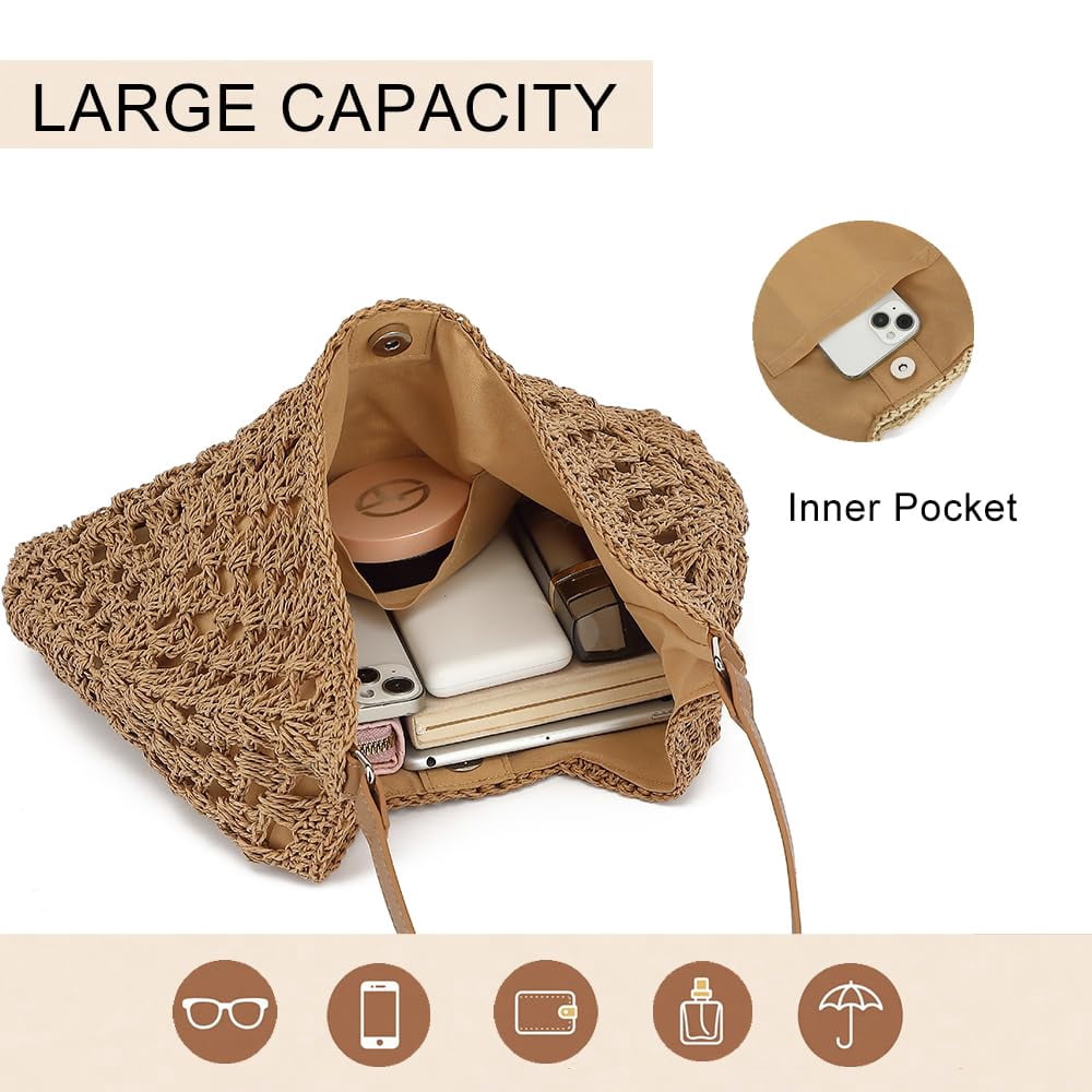Omlopp Straw Beach Tote Bag for Women Raffia Crochet Purse Large Summer Hobo Woven Shoulder Handbag for Vacation