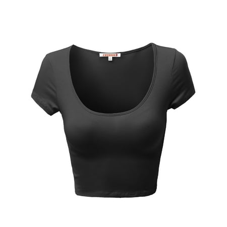 Essential Scoop Neck Short - FashionOutfit Women's Basic Solid Scoop Neck Slim Fit Short Sleeves Crop Tops
