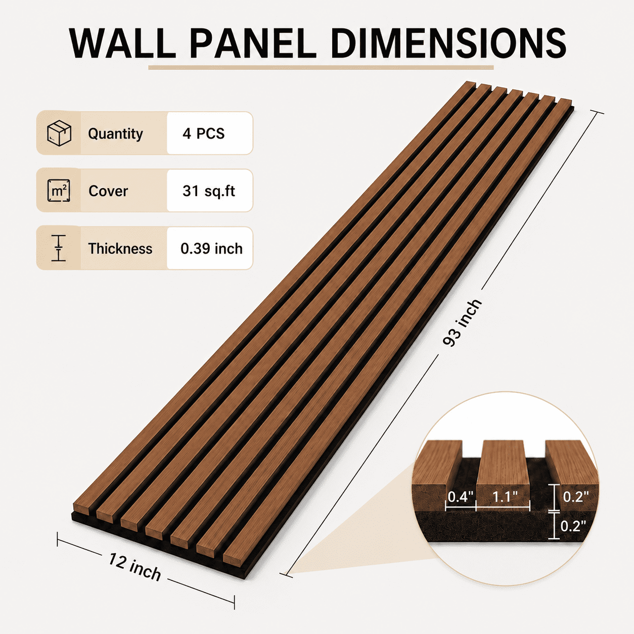 Yeslife 4-Pack Wood Slat Acoustic Wall Panels, 12 in. x 93 in., Walnut MDF, Sound Absorbing, Interior Accent Wall, 31 sq. ft.