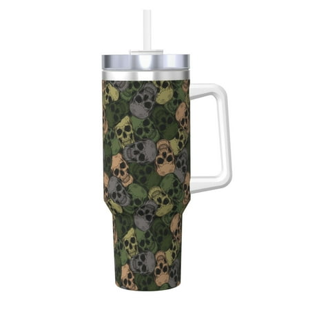 

Gaeub Camouflage Skulls Print Stainless Steel Hot/Cold Coffee Cup 40oz Ice Bully Cup With Handle And Straw Travel Coffee Cup