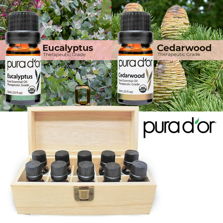 Pura D'or 10 Essential Oils Wood Box Set 10ml USDA Organic 100% Pure Therapeutic Grade (Tea Tree, Lemon, Lavender, Sweet Orange, Rosemary