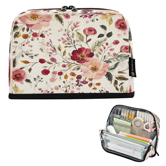 Standing Pencil Case with Base Large Capacity Stationery Pouch Pen Bag with Zipper for Women Men Vintage Floral Print Pattern