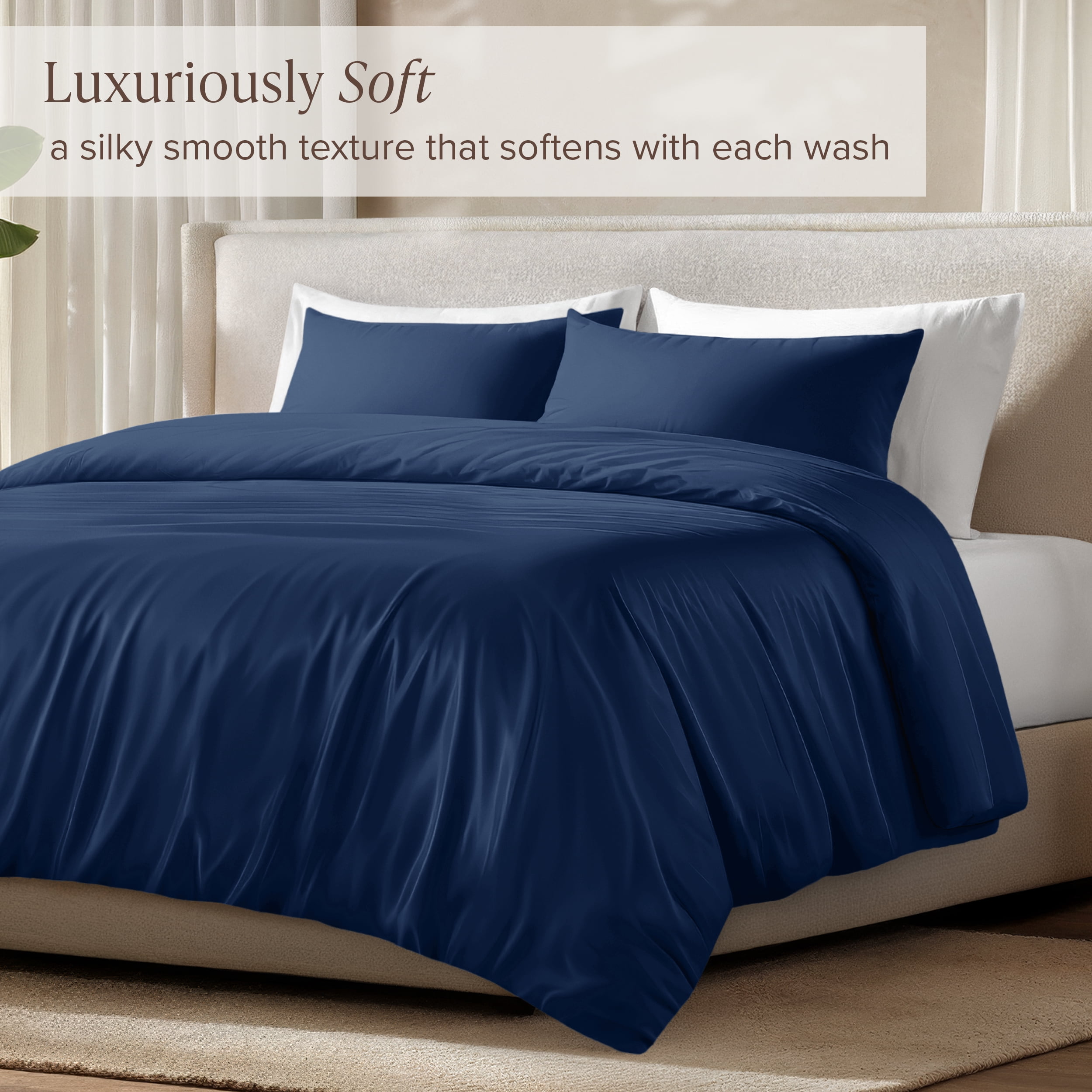Bare Home Bamboo 3-Piece Duvet Cover Set - Made from Rayon Fibers - Soft, Cooling & Breathable - California King,Dark Blue