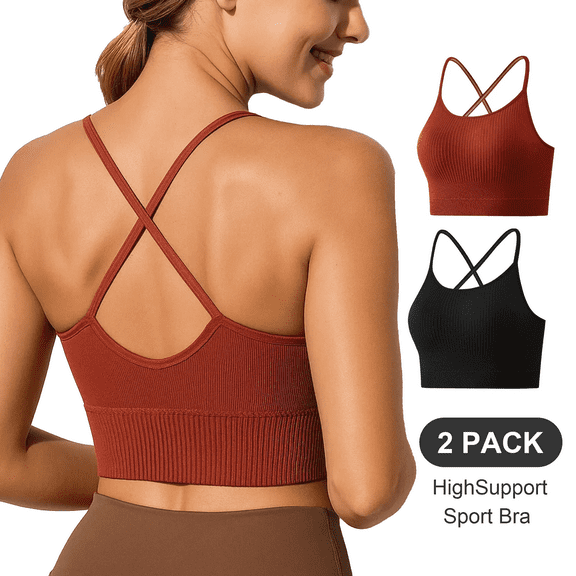 WQD 2 Pack Sports Bras for Women Crisscross Back Ribbed Knit Crop Top High Support Wirefree Padded Workout Yoga Bra Comfortable Athletic Tank Top for Gym Running Training