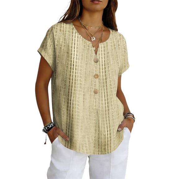 longantii Womens Spring Tops Trendy Linen Floral Tshirts Modern Fit V-Neckline Short Sleeve Pullover Multi-Color Button Down Clothing Brown L