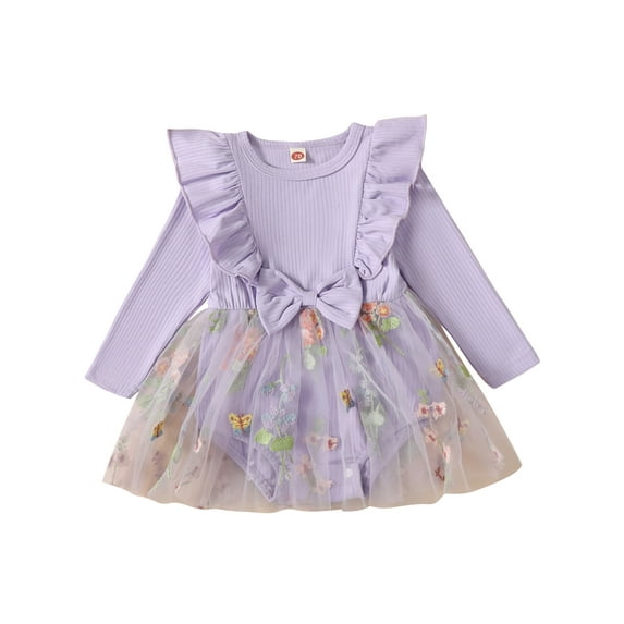 Wassery Baby Girls Romper Dress 3M 6M 12M 18M Infant Girls Clothes Long Sleeve Crew Neck Bow Embroidery Flower Tulle Patchwork Bodysuit