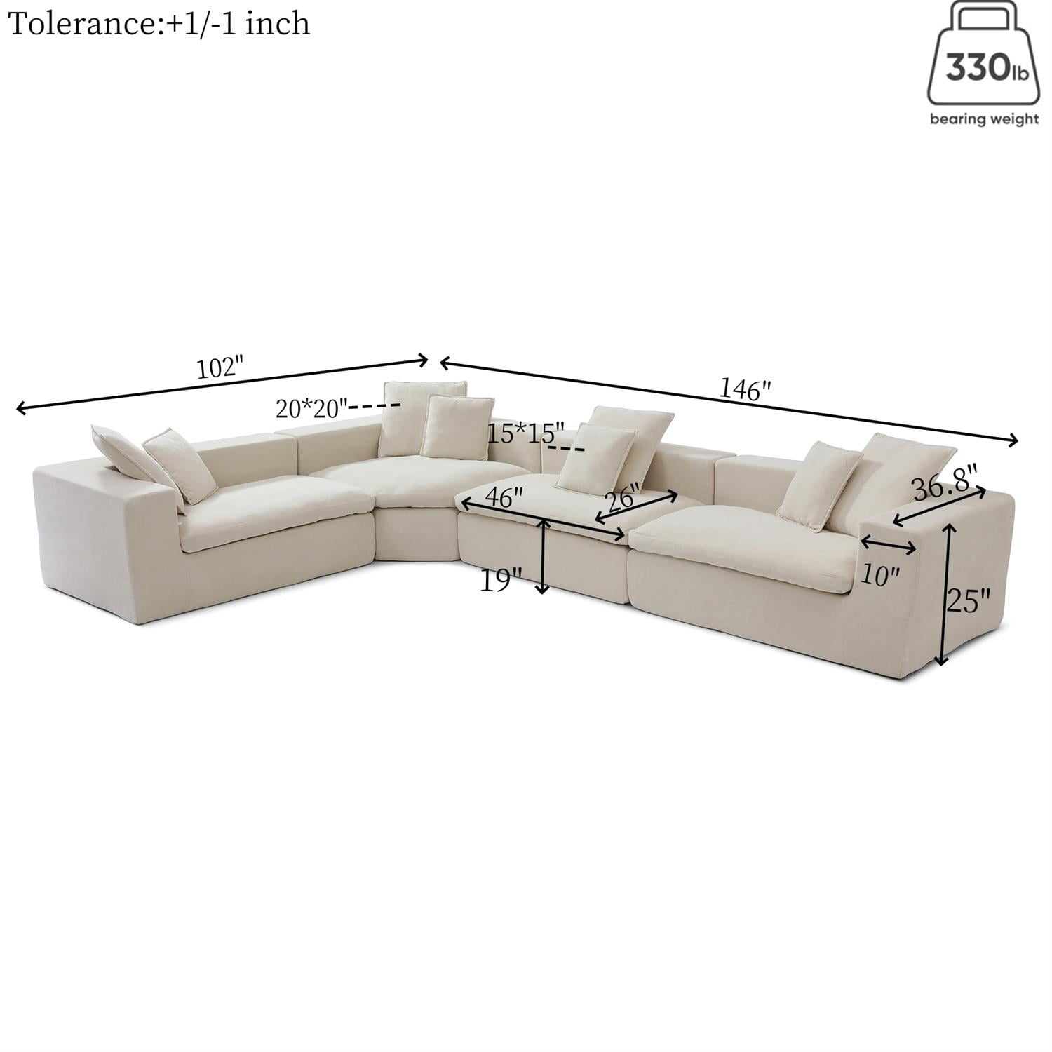 Demi Bonn 149" Cloud Sectional Sofa with L-Shape Chaise, Modern Deep Seat Modular Couch, Velvet Upholstered for Living Room or Bedroom, No Assembly Needed, Beige