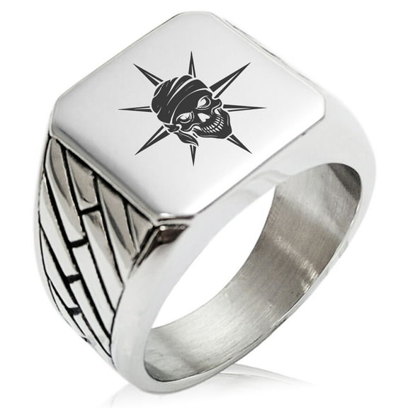 Stainless Steel Pirate Skull Star Compass Geometric Pattern Biker Style Polished Ring