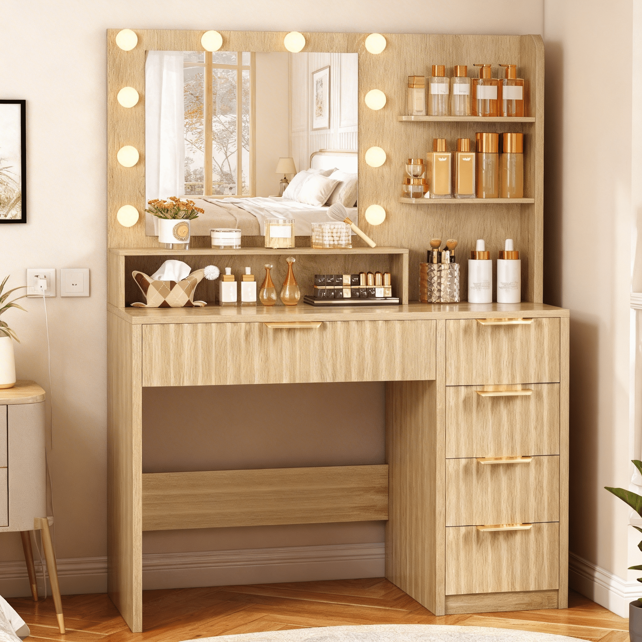 Makeup Vanity Set with Mirror & Lights, Vanity Desk with 5 Drawers & Storage Shelves, Makeup Vanity , 3 Color Modes & Adjustable Brightness Dressing Table, Bedroom, For Christmas gifts, Natural