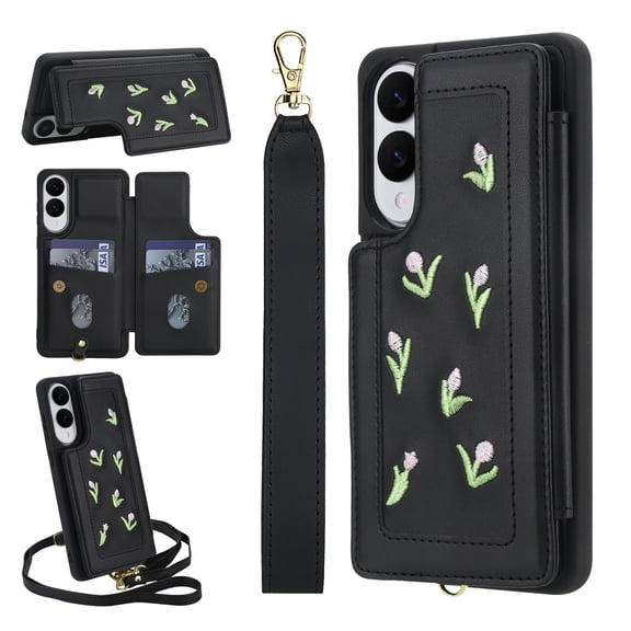 for Samsung Galaxy S25 Edge Floral Pattern Wallet Case, Magnetic Snap PU Leather Credit Card Holder Stand Wrist Shoulder Strap Flip Cover, for S25 Edge Protective Case for Girls Women, Black