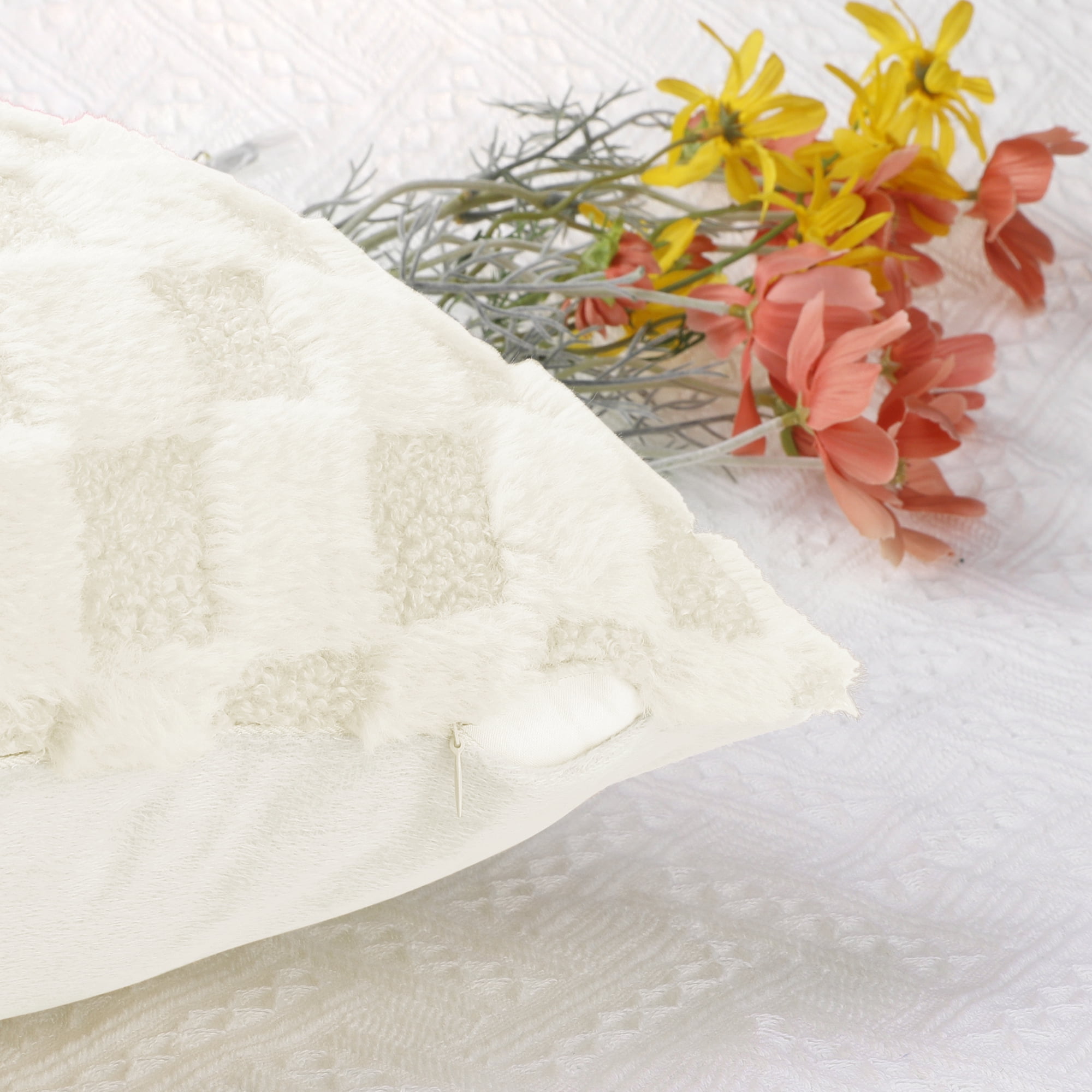 Unique Bargains Faux Fur Plaid Decorative Pillow Covers Square Pillowcase White 12" x 20"