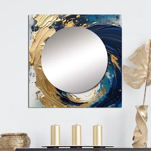 Designart "Strokes in Dark Blue and Gold VI" Abstract Square Mirror For Wall Decor - Large Blue Square Mirror Printed Wall Decor - Transitional Square Living Room Mirror