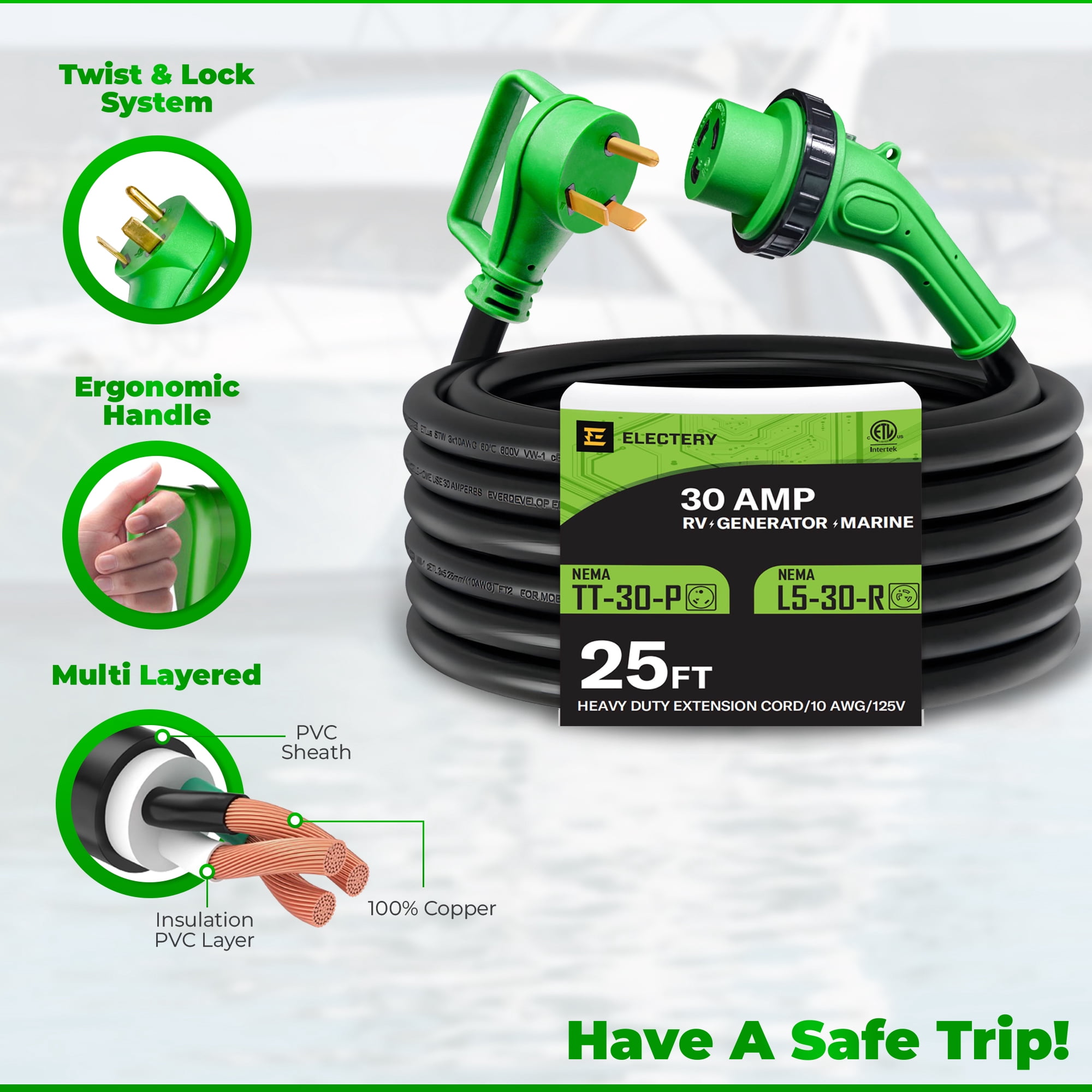 30 Amp 25 Ft RV Power Extension Cord NEMA TT-30P to L5-30R with Twist Locking Adopter, Heavy Duty STW Cord 3 Prong 10 Gauge for RV, Marine, Generator. ETL Listed