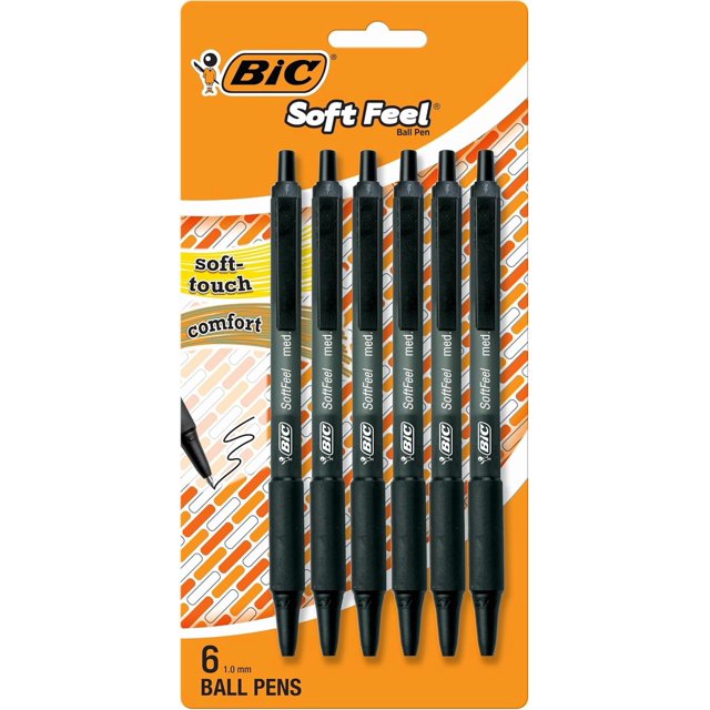 BIC Soft Feel Ballpoint Pen with 1.0 mm Medium Point and Retractable Design, 6-Count in Black Ink (Black)