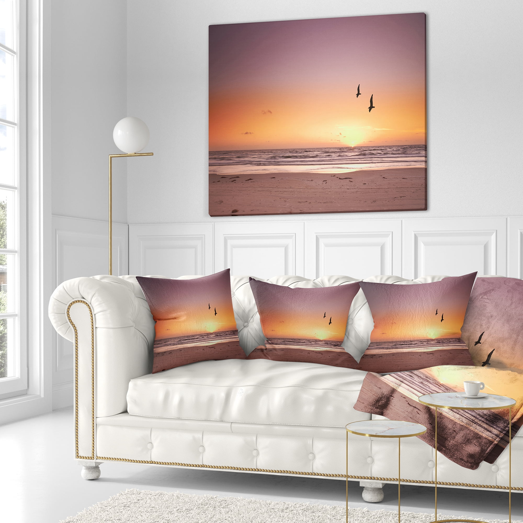 Designart Beach Sunset and Sea Gulls - Modern Seashore Throw Pillow - 18x18