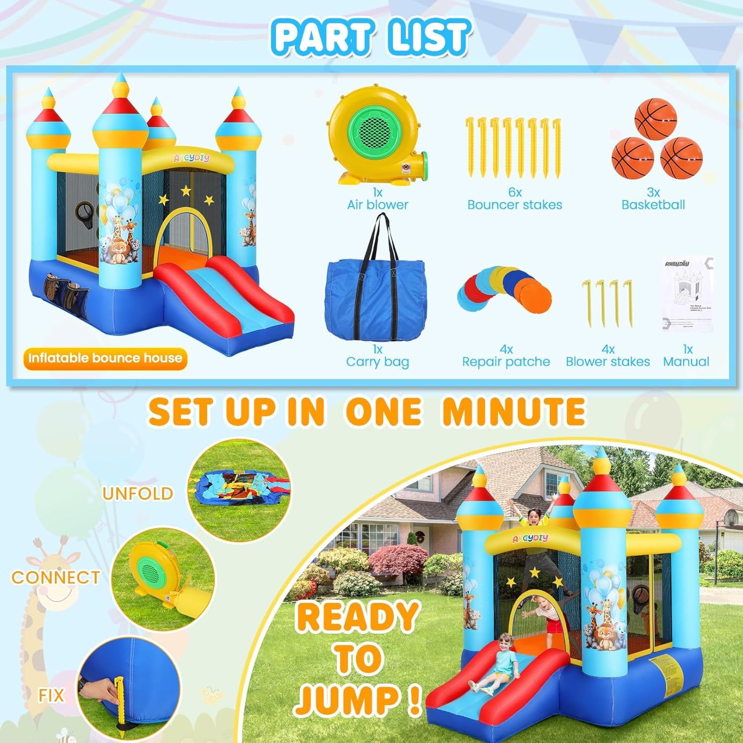 Qhomic Bounce House, Animal Themed Castle, Indoor Outdoor Inflatable Bounce House with Jumping Area, Slide, 370W Blower