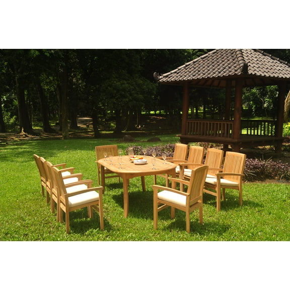 Grade-A Teak Dining Set: 10 Seater 11 Pc: 118" Double Extension Oval Table And 10 Wave Stacking Arm Chairs Outdoor Patio WholesaleTeak #WMDSWV13