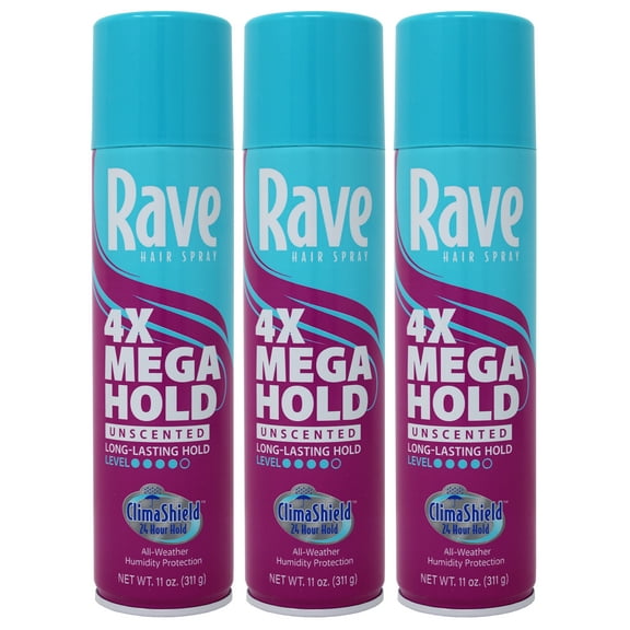 Rave 4X Mega Aerosol Hairspray, Unscented 11 oz (Pack of 3)