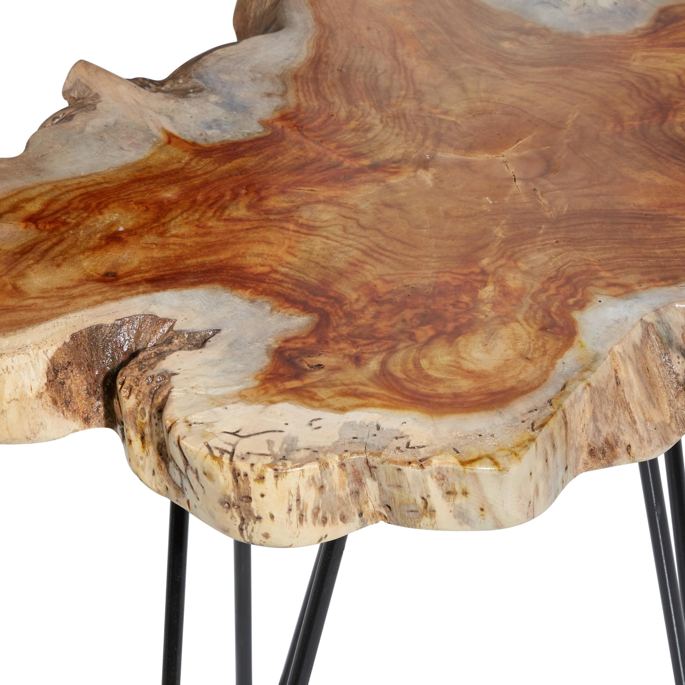 DecMode 20" x 21" Brown Teak Wood Live Edge Top Accent Table with Black Metal Hairpin Legs, 2-Pieces