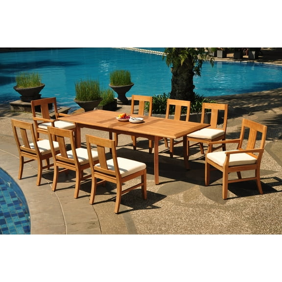 Grade-A Teak Dining Set: 8 Seater 9 Pc: 94" Double Extension Rectangle Table And 8 Osborne Chairs (2 Arm & 6 Armless Chairs) WholesaleTeak #WMDSWVm