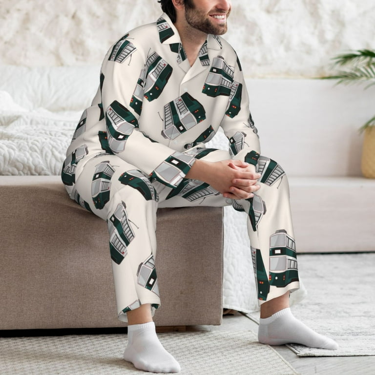 Mens Pajamas Set subway Print Soft Comfy Long Sleeve Button Up Pajama Sets for Men 2 Piece Sleepwear Nightwear Pjs Lounge Sets for Men with Pockets