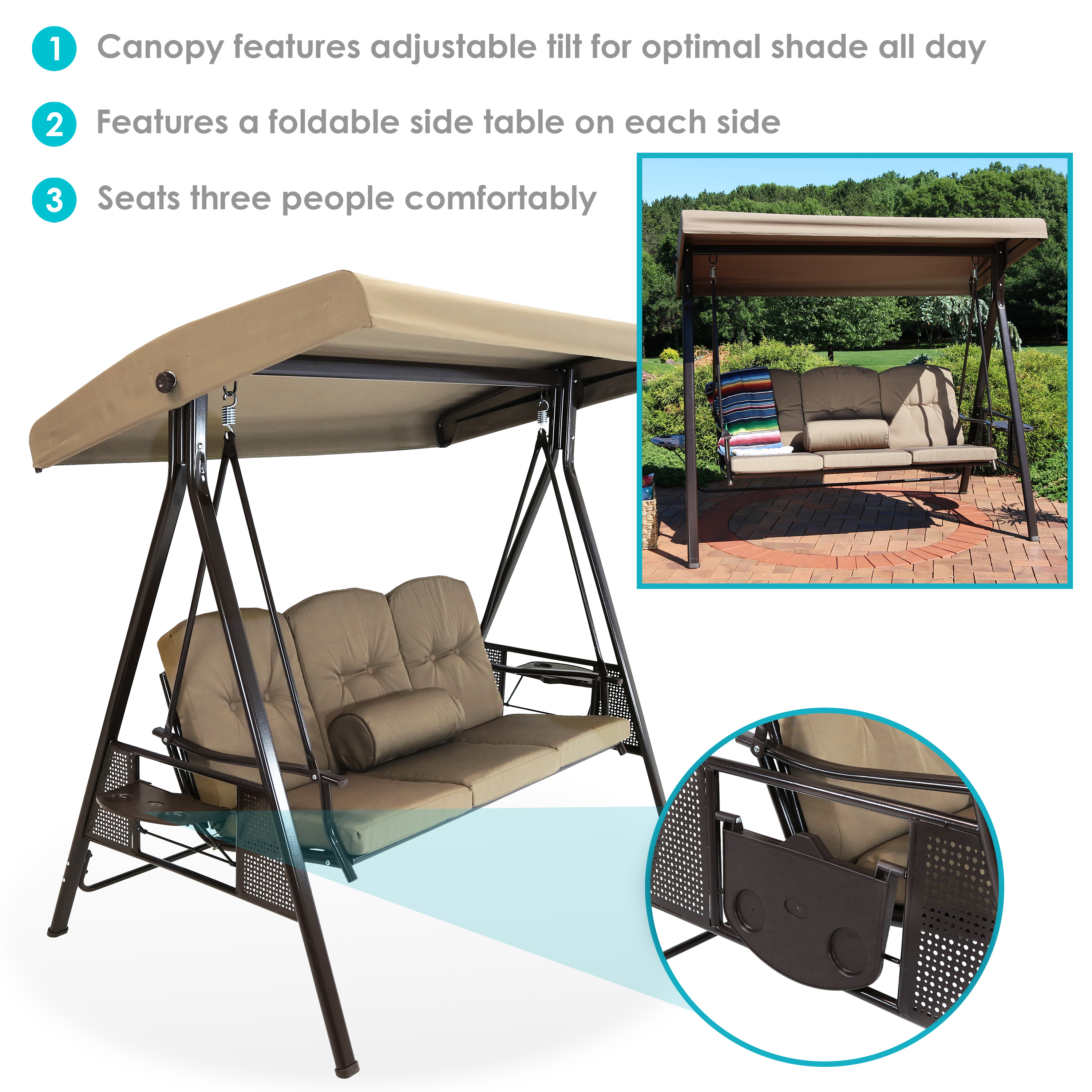 Sunnydaze 3-Person Patio Swing with Adjustable Canopy and Cushions - Beige - image 4 of 9