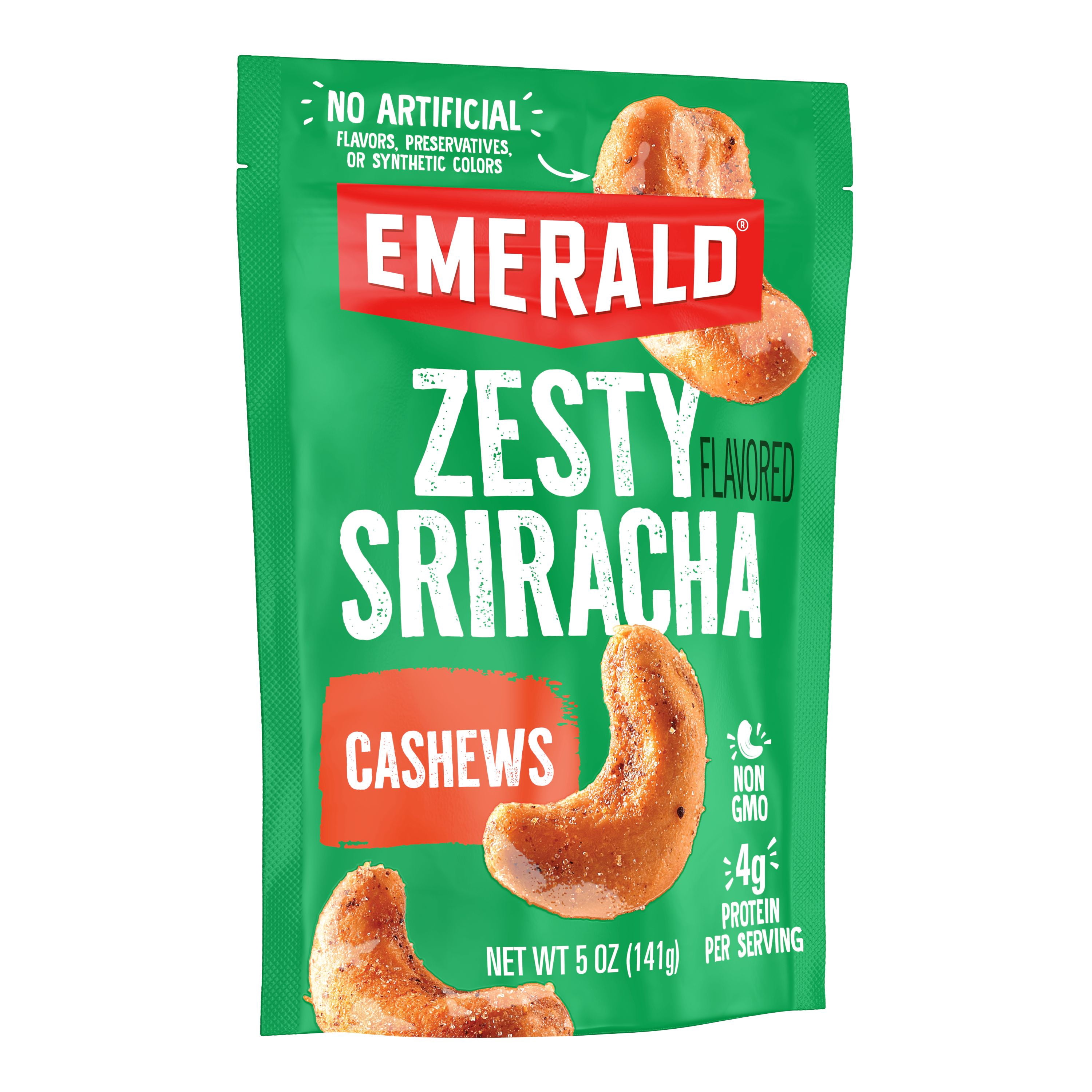 Emerald Nuts Sriracha Cashews, 5 oz Resealable Bag (Pack of 4)