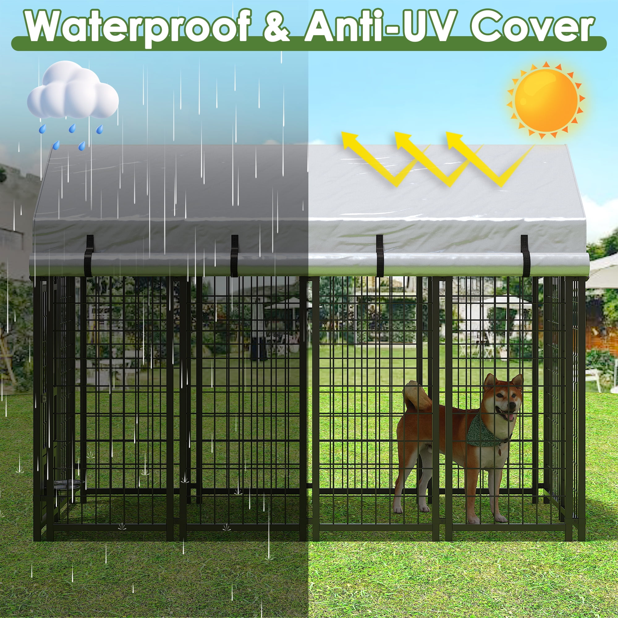 Timagebreze Heavy Duty Outdoor Dog Kennel, Welded Steel Wire Playpen with UV-Resistant Roof & Lock for Large Dogs,8x4x6 FT