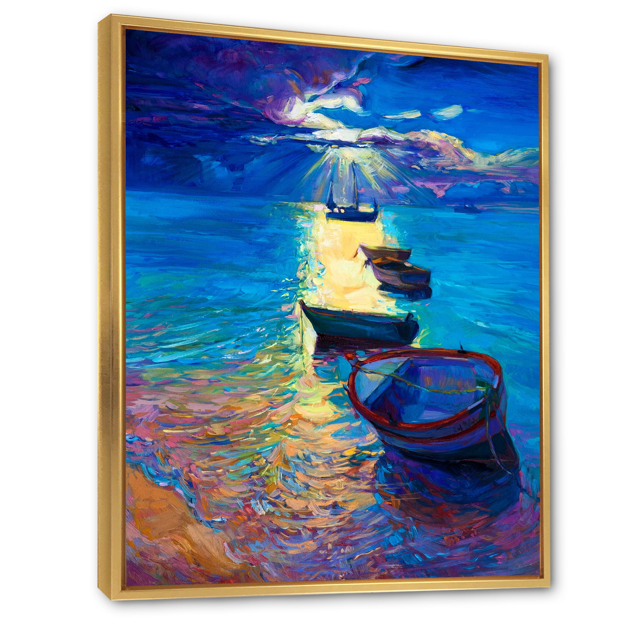 Designart 'Fishing Boats On The Water With Dark Blue Sky Illustration' Lake House Framed Canvas Wall Art Print
