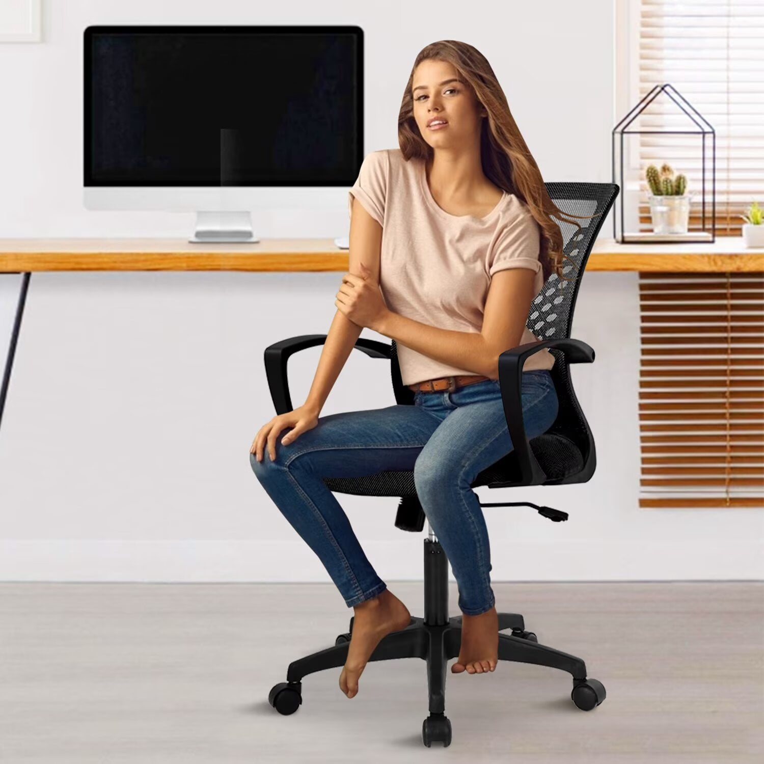 YRLLENSDAN Mesh Executive Office Chair with Armrest, Ergonomic Desk Chairs with Wheels, Adjustable Comfy Lumbar Support Swivel Chair, Black
