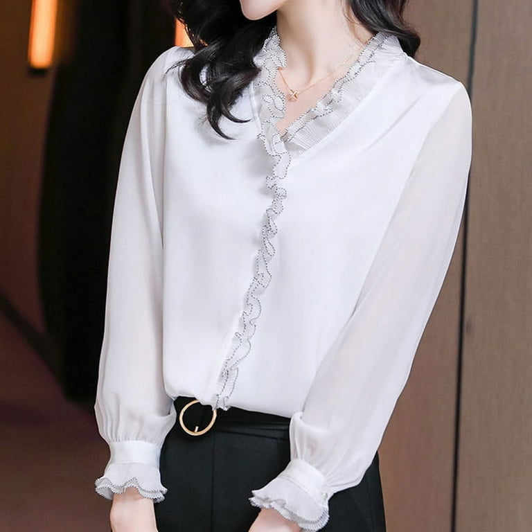 PIKADINGNIS Black White Lace Ruffles Chiffon Shirts Women PIKADINGNIS Black White Lace Ruffles Chiffon Shirts Women
