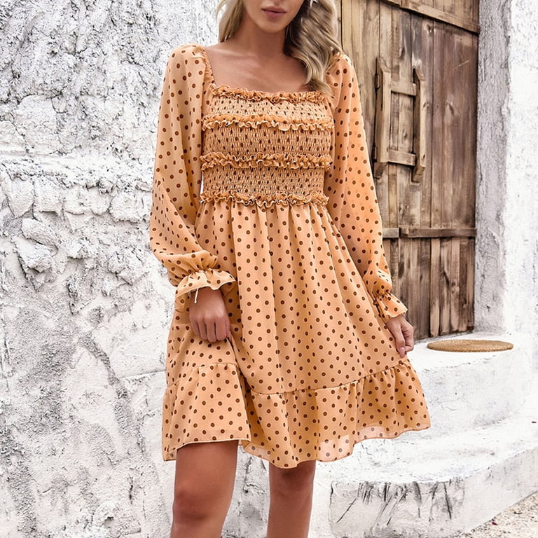 Cfhntfmh Long Sleeve Dress for Women Casual Smocked Tiered T-Shirt Dress Summer Vacation Knee Length Dress