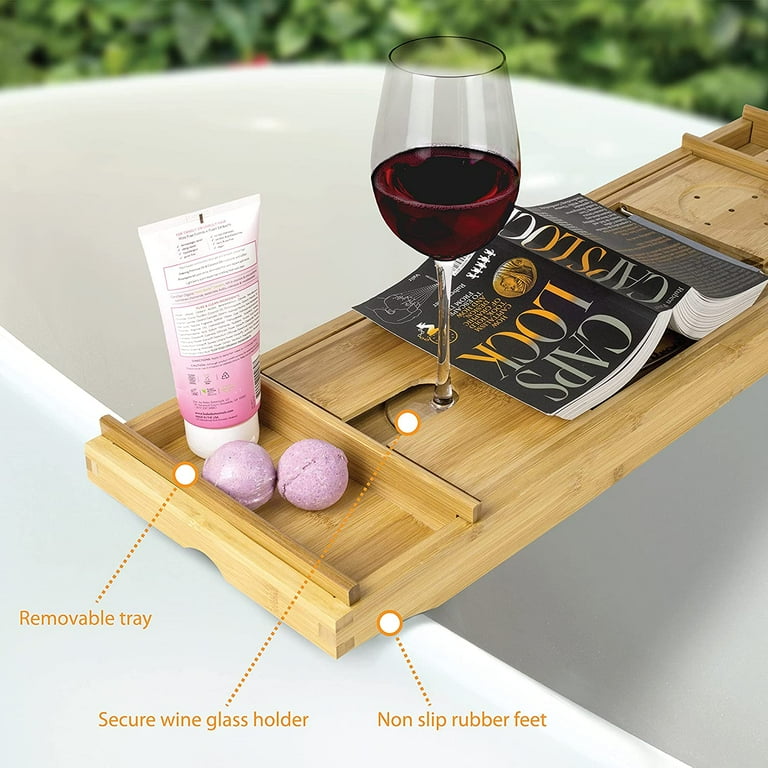 Natural Bamboo Luxury Bathtub Caddy Tray Organizer for Bath Products