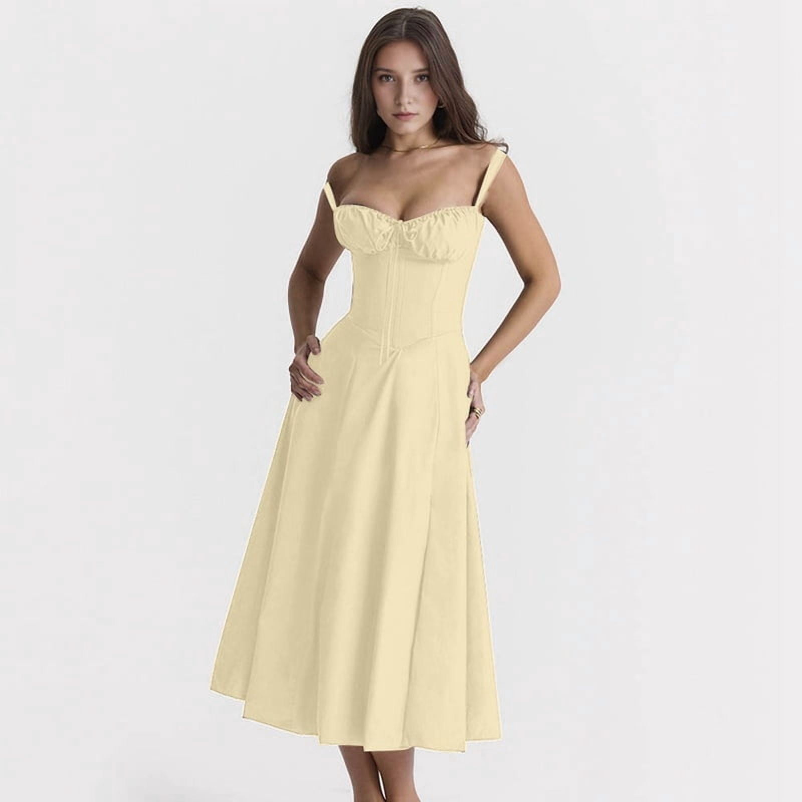 Women'S Summer Midi Corset Boho Dresses Casual Spaghetti Straps Lace Up Dress Flowy Aline Beach Sundress Yellow S