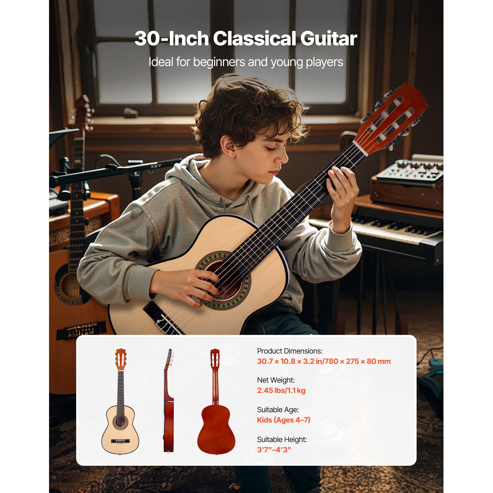 KFFKFF 30-Inch Classical Guitar Starter Set, Wooden Acoustic Guitar for Beginners, Includes Nylon Strings, Carry Bag, Strap, Tuner, Spare Strings, Picks, and Capo, Ideal for Kids, Teens, and Students