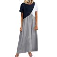 thumbnail image 2 of Usmixi Formal Dresses for Women Short Sleeve Round Neck Color Patchwork Summer Maxi Dresses High Waist Pleated Swing Tunic Long Dress Gray S Up to 65% off, 2 of 7