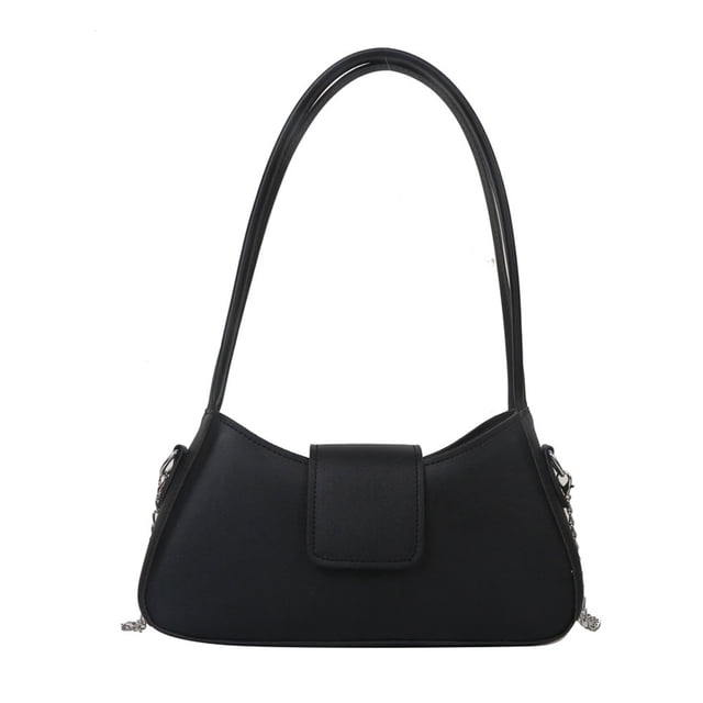 bolso bandolera de hombro con textura de moda informal de pu de color sólido nuevo para debajo del brazo negro Bolso bandolera negro estilo hobo, vista frontal centrada; silueta alargada con asa corta para llevar debajo del brazo, cuerpo de PU liso, solapa con cierre y herrajes metálicos visibles, interior con bolsillo y ranura para móvil y cartera, ideal para uso diario y viajes; también suele usarse como minibolso para salidas casuales.
