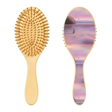 Rounded Tip Hair Brush with Rubber Cushion 9.25” Wooden Scalp Massage Comb Detangling Brush for All Hair Types Pink Dream Scene