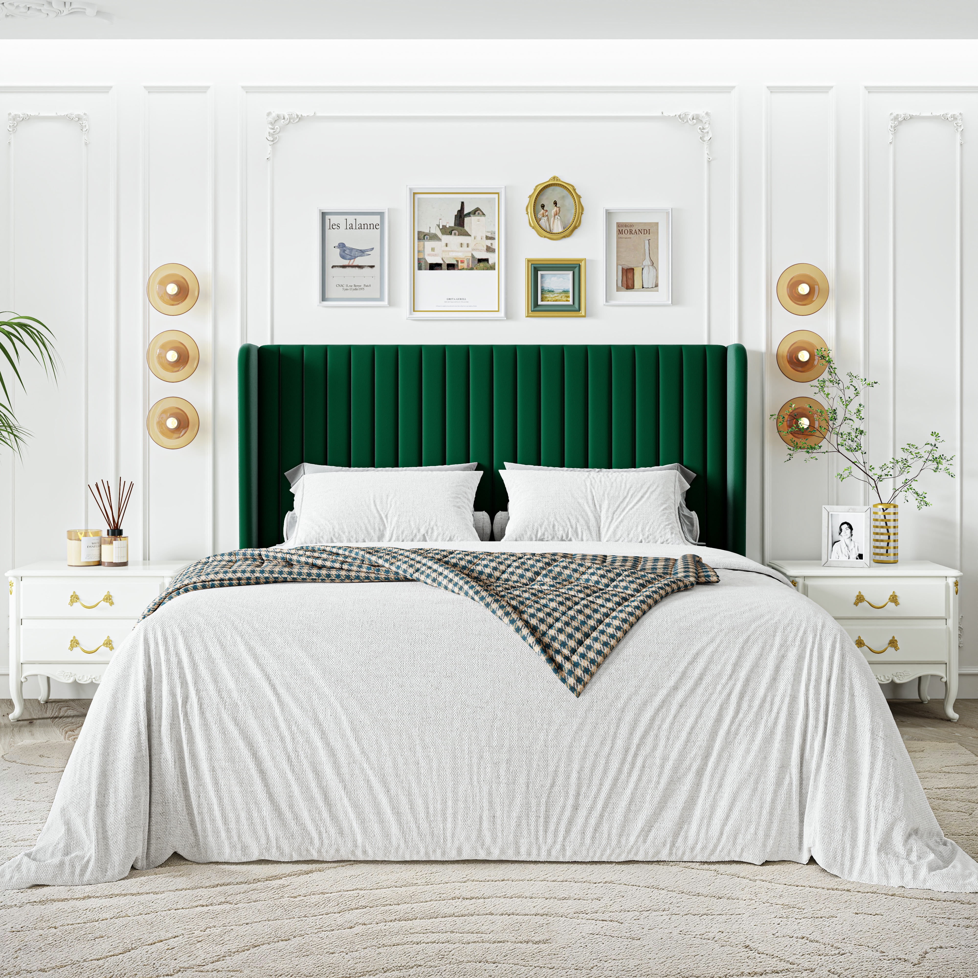Sha Cerlin Full Size Upholstered Platform Bed Frame with Velvet Channel Wingback Headboard, Green